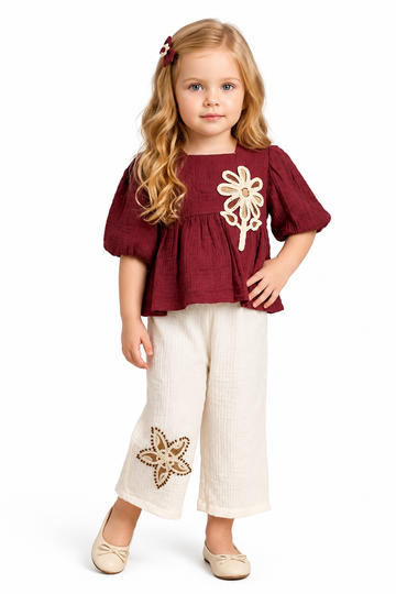 Girls Red Daisy Applique Top and Cream Palazzo Pants Set (Shoes Not Included)