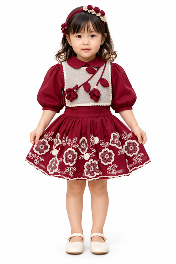 Girls Red Floral Bib Top and Embroidered Skirt Set (Shoes Not Included)