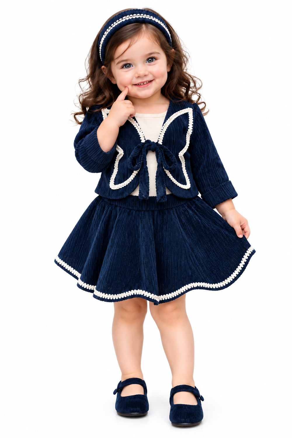 Girls Blue Bow-Front Jacket and Flared Skirt Set (Shoes Not Included)