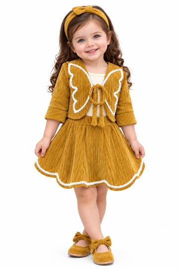 Girls Mustard Bow-Front Jacket and Flared Skirt Set (Shoes Not Included)