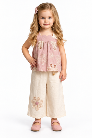 Girls Peach Floral Lace Top and Cream Palazzo Pants Set (Shoes Not Included)