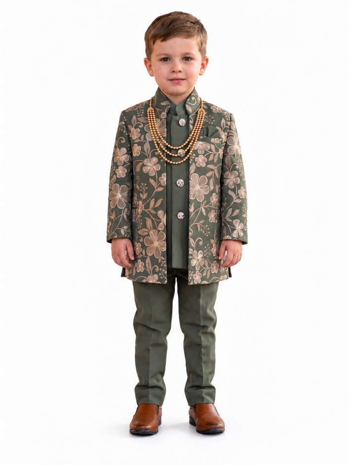 Boys Green Floral Jacket, Kurta and Trouser Set
