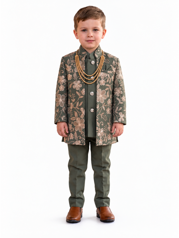 Boys Green Floral Jacket, Kurta and Trouser Set