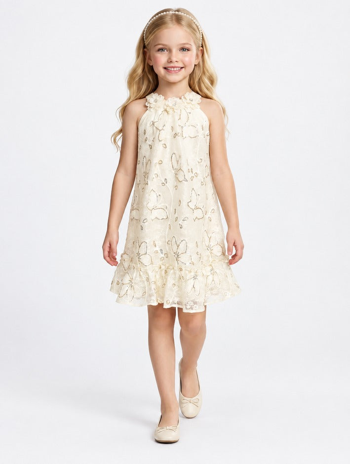 Girls Cream Floral Lace Halter Party Dress with Rosette Neckline