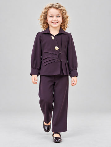 Girls Wine Asymmetric Wrap Shirt and Wide Leg Pants Set