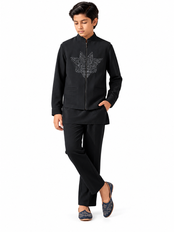 Boys Black Silver Leaf Embroidered Jacket, Kurta and Trousers 3-Piece Set (Shoes Not Included)