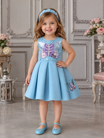 Girls Light Blue Butterfly Sequin Party Frock