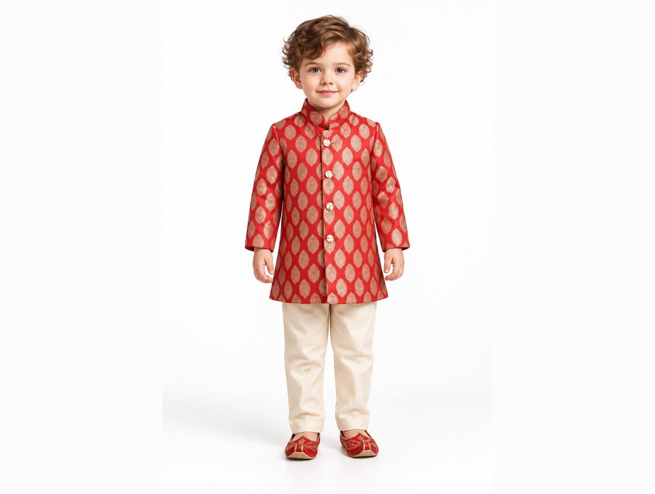 Boys Red Kurta and Cream Pajama Set (Shoes Not Included)