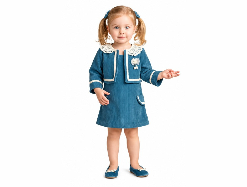 Girls Blue Lace Collar Jacket and Frock Set (Shoes Not Included)