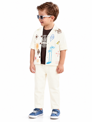 Boys White Embroidered Shirt, T-Shirt and Pants Set