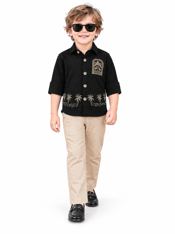 Boys Black Palm Embroidered Shirt and Beige Pants Set