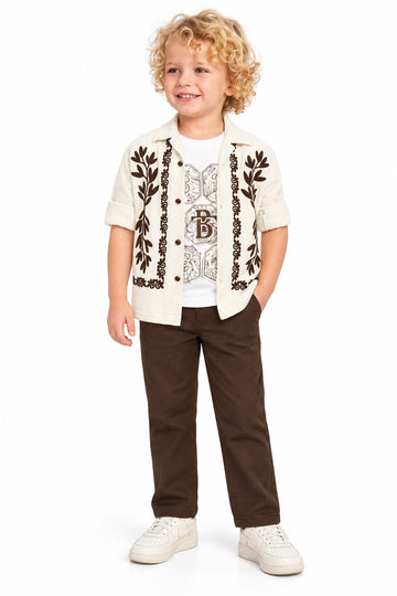 Boys Brown Leaf Print Overshirt, Graphic T-shirt and Pants Set (Shoes Not Included)