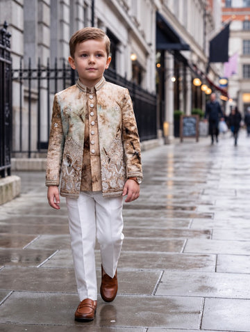 Boys Fawn Peacock Embroidered Indo-Western Jacket and Trousers Set