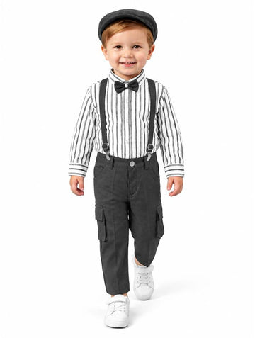 Boys Striped Shirt and Gray Pants Set with Bow Tie and Suspenders (Shoes Not Included)
