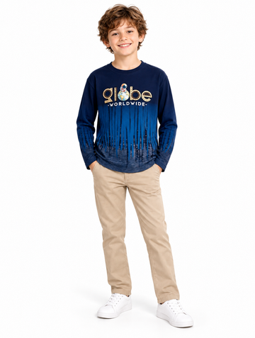 Boys Blue Ombre Globe Print Full Sleeve T-Shirt