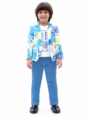 Boys Printed Blazer, Vest, T-shirt and Chino Pants Set