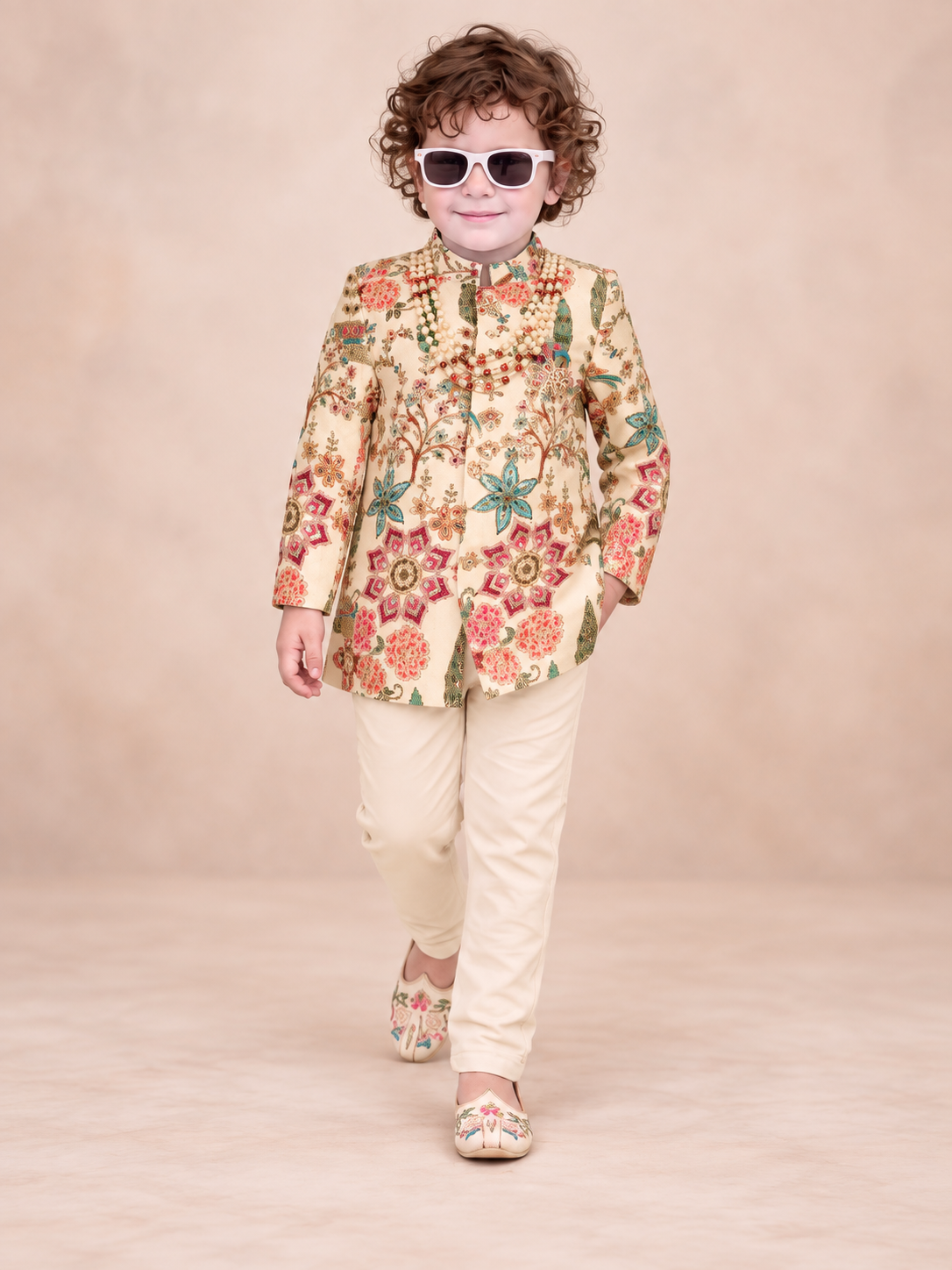 Boys Fawn Floral Printed Sherwani and Cream Pants Set