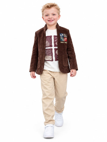 Boys Brown Blazer, T-Shirt and Trousers Set