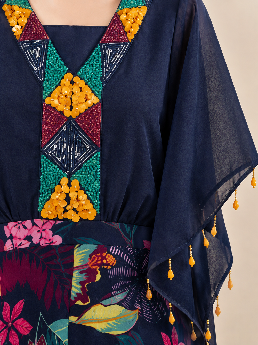 Girls Navy Kaftan Top with Tropical Floral Print Lehenga Set