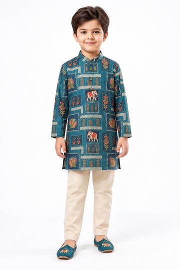 Boys Green Printed Kurta and Cream Pajama Set (Shoes Not Included)