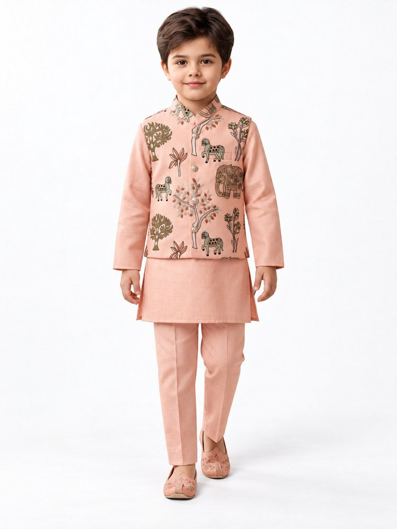 Boys Peach Printed Waistcoat, Kurta and Trouser Set