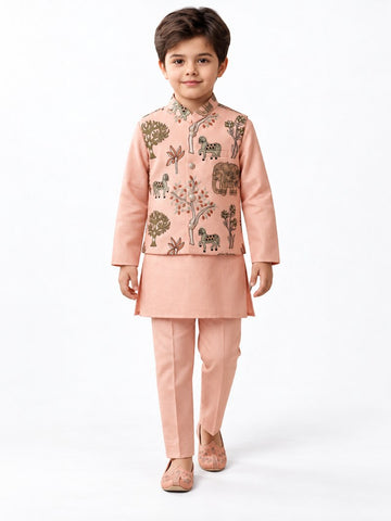 Boys Peach Printed Waistcoat, Kurta and Trouser Set