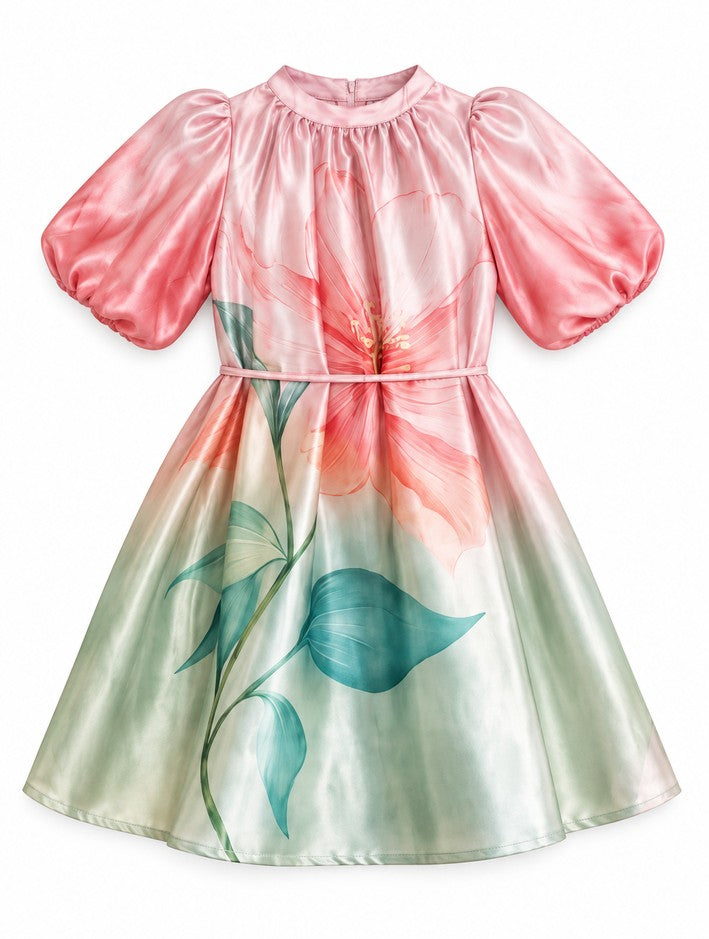 Girls Pink Floral Print Satin Frock