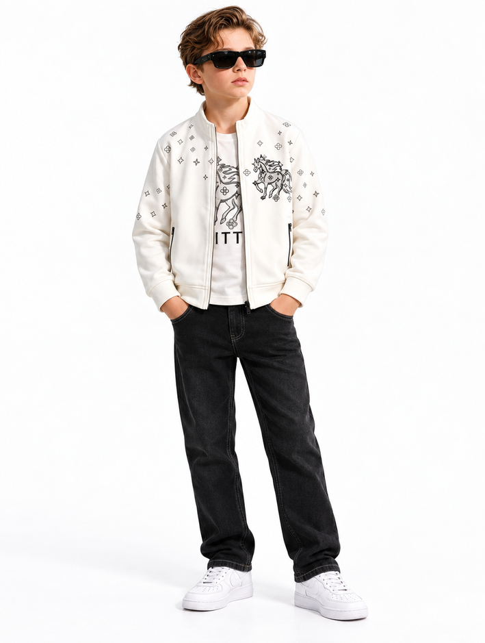Boys White Printed Jacket with T-Shirt