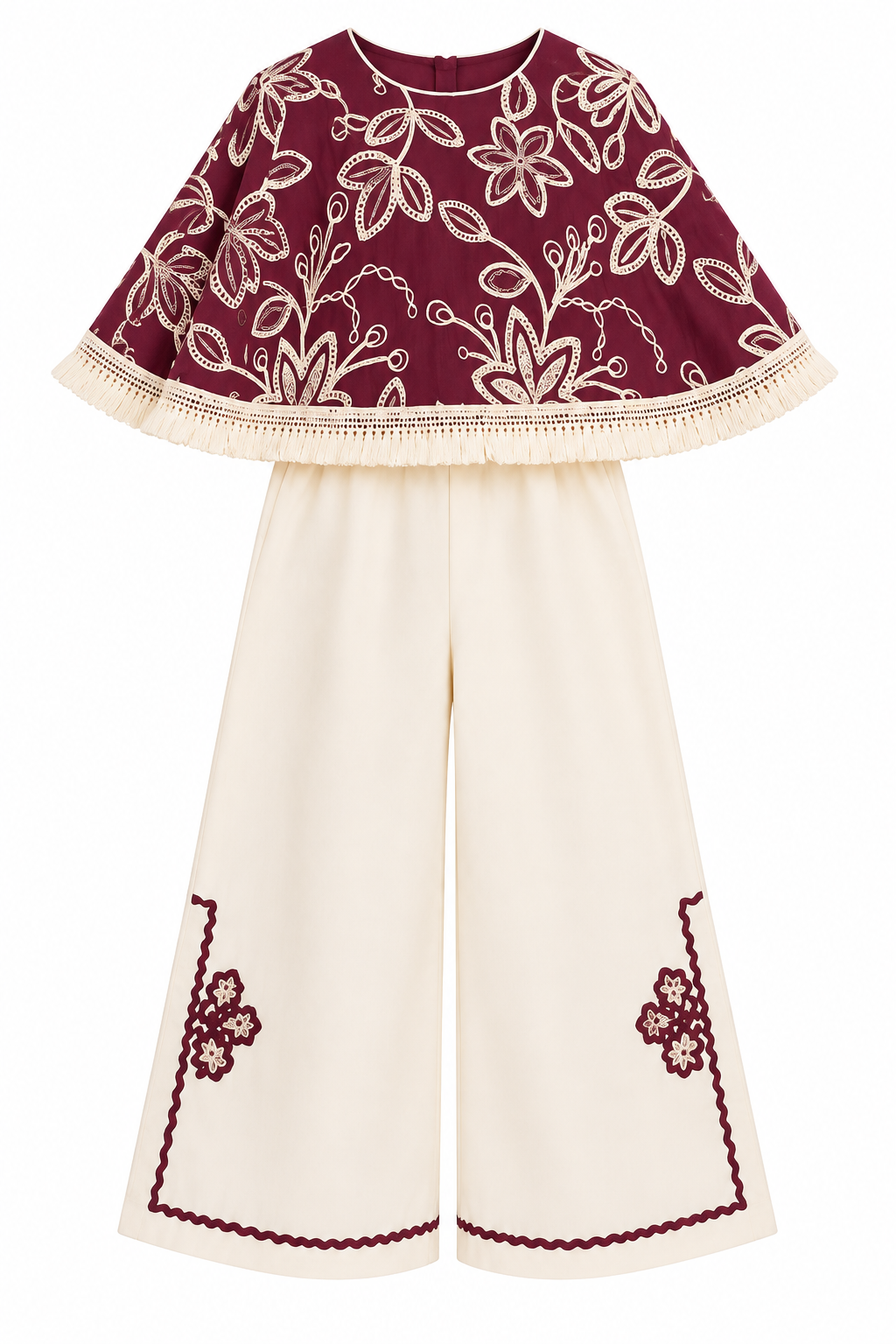 Girls Wine Floral Embroidered Cape Top and Cream Palazzo Pants Set (Shoes Not Included)