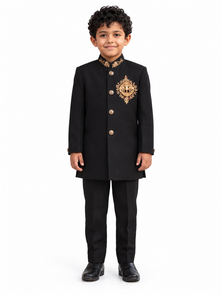 Boys Black Embroidered Bandhgala Jacket and Trouser Set