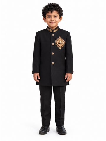 Boys Black Embroidered Bandhgala Jacket and Trouser Set