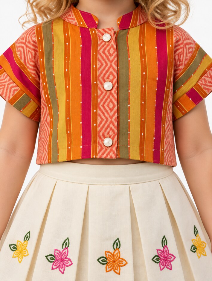 Girls Striped Crop Top and Embroidered Pleated Skirt Set