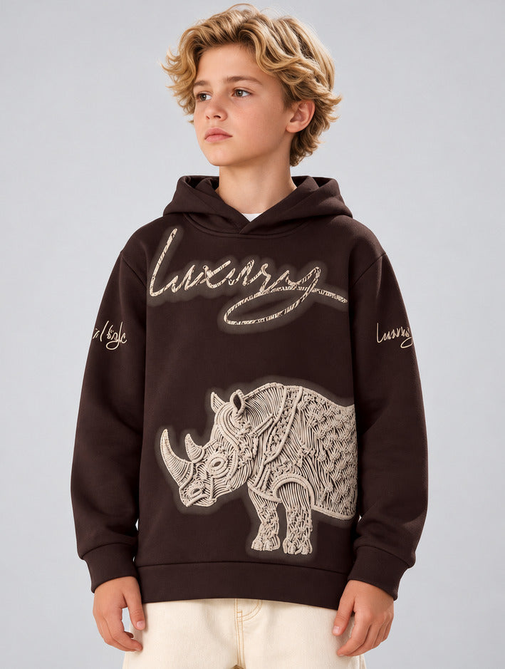 Boys Brown Rhino Print Hoodie