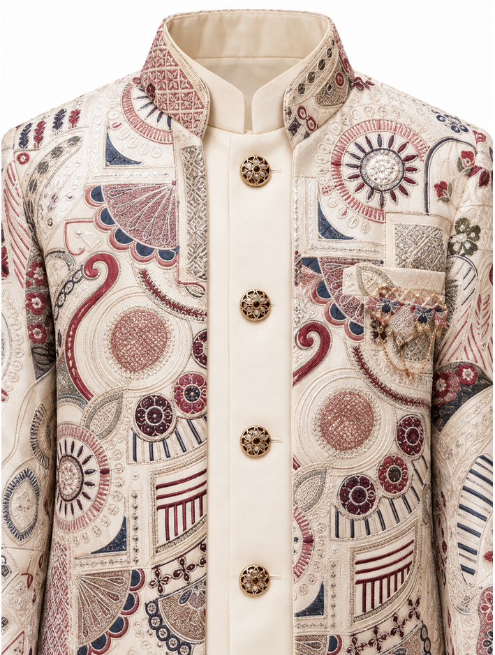 Boys Cream Patterned Jacket, Kurta and Trouser Set