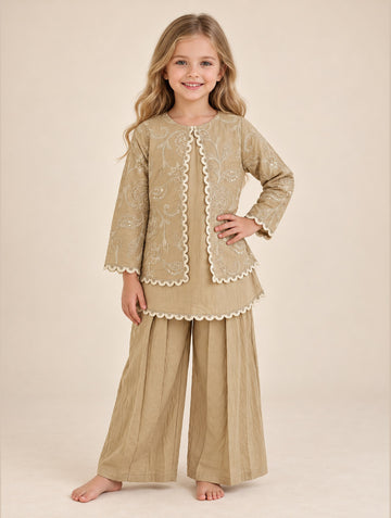 Girls Fawn Embroidered Plazo Set with Jacket