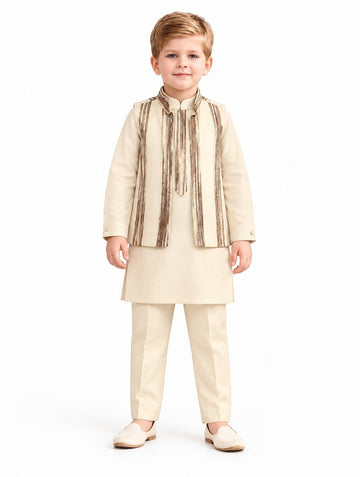 Boys Cream Kurta Pajama and Striped Jacket Set