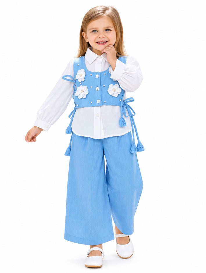 Girls Light Blue Shirt, Embellished Waistcoat and Wide-Leg Pants Set