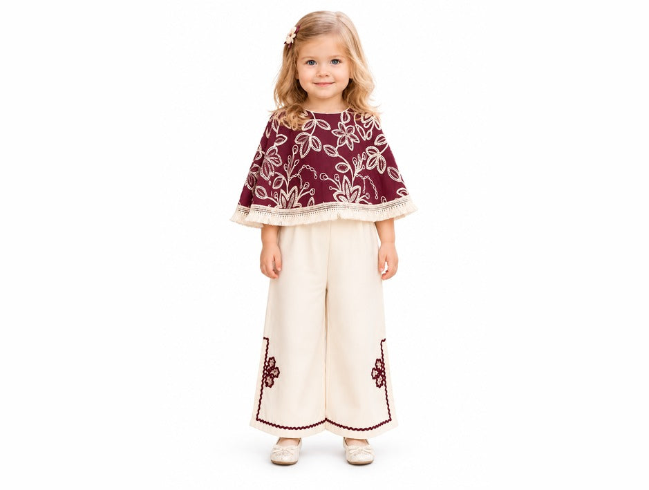 Girls Wine Floral Embroidered Cape Top and Cream Palazzo Pants Set (Shoes Not Included)
