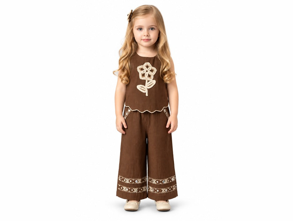 Girls Brown Floral Applique Top and Palazzo Pants Set (Shoes Not Included)