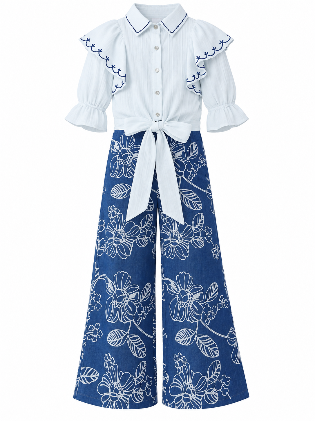 Girls Blue Ruffle Tie-Front Top and Floral Palazzo Pants Set