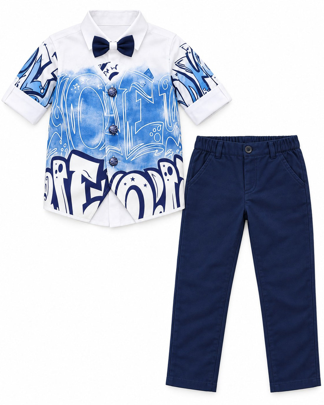 Boys Blue Graffiti Shirt, Bow Tie and Navy Pants Set (Shoes Not Included)