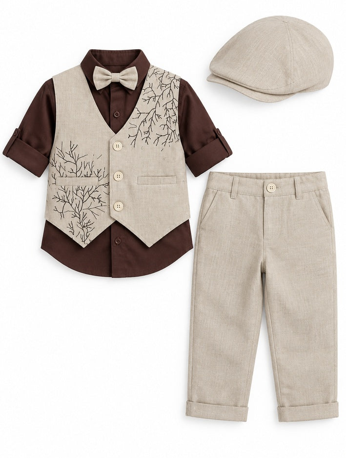 Boys Brown Shirt and Printed Waistcoat Full Suit