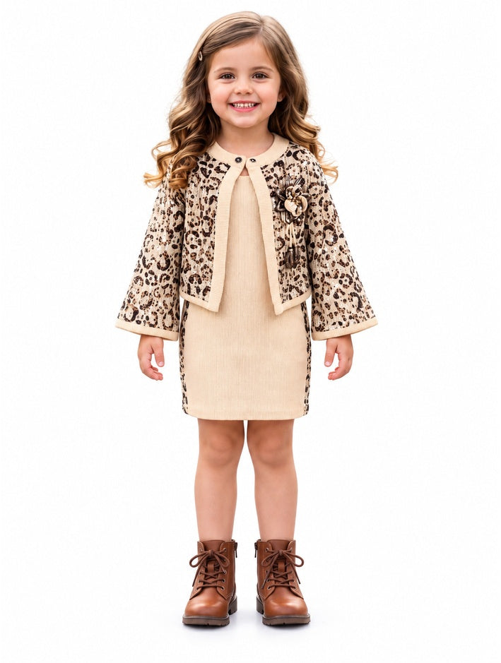 Girls Fawn Ribbed Dress with Animal Print Jacket