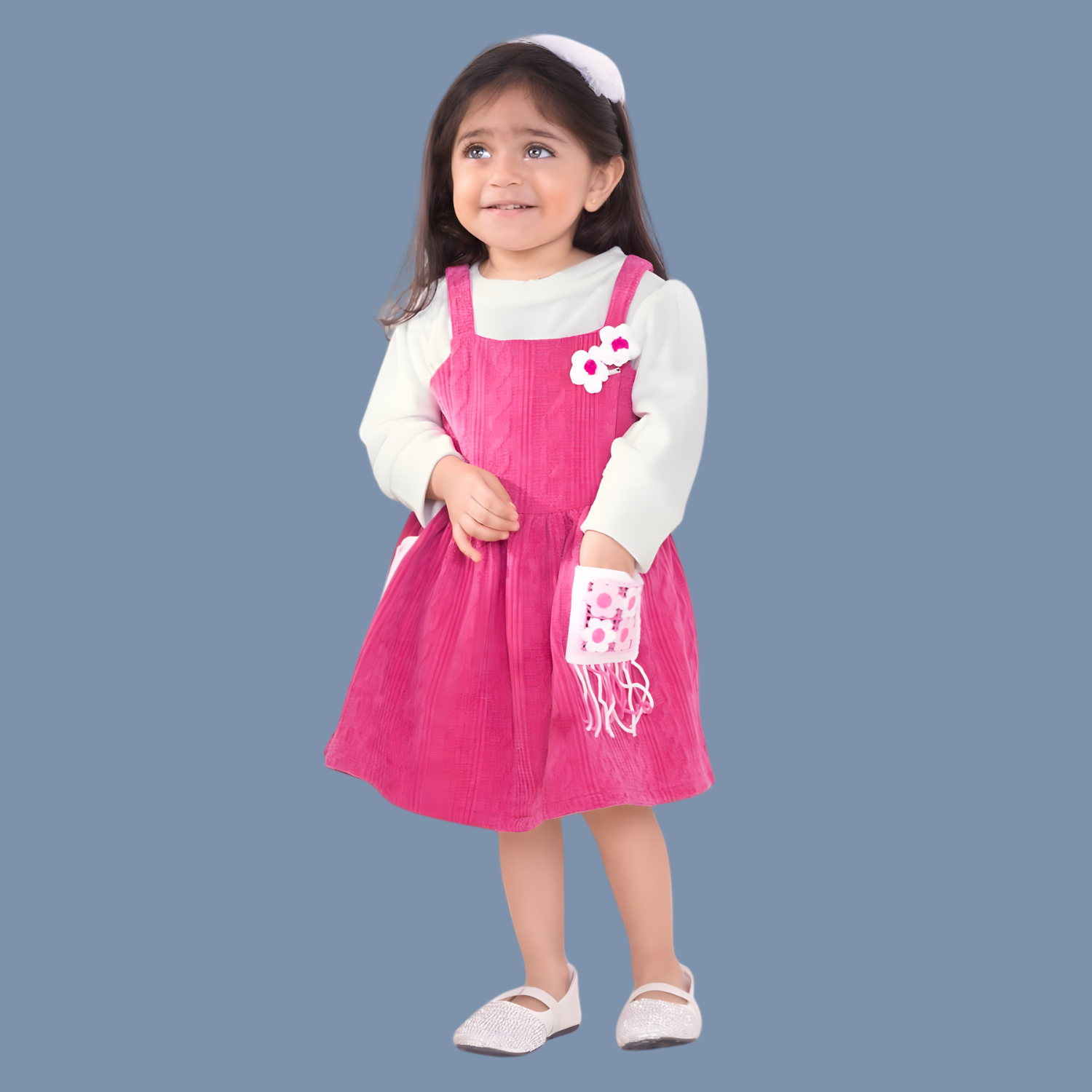 Kids Pink & White Printed Frock with Dungaree Style
