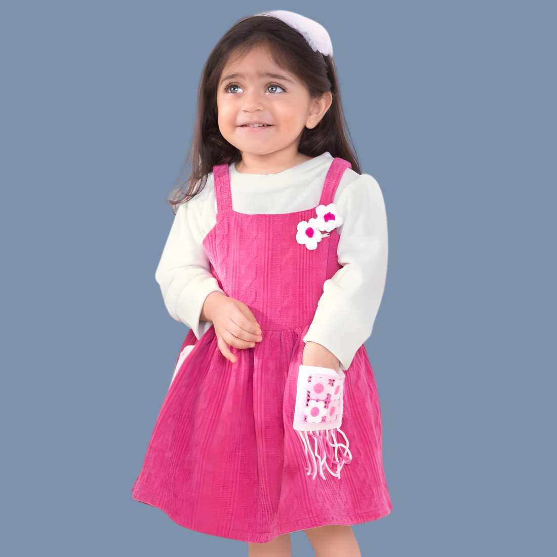 Kids Pink & White Printed Frock with Dungaree Style