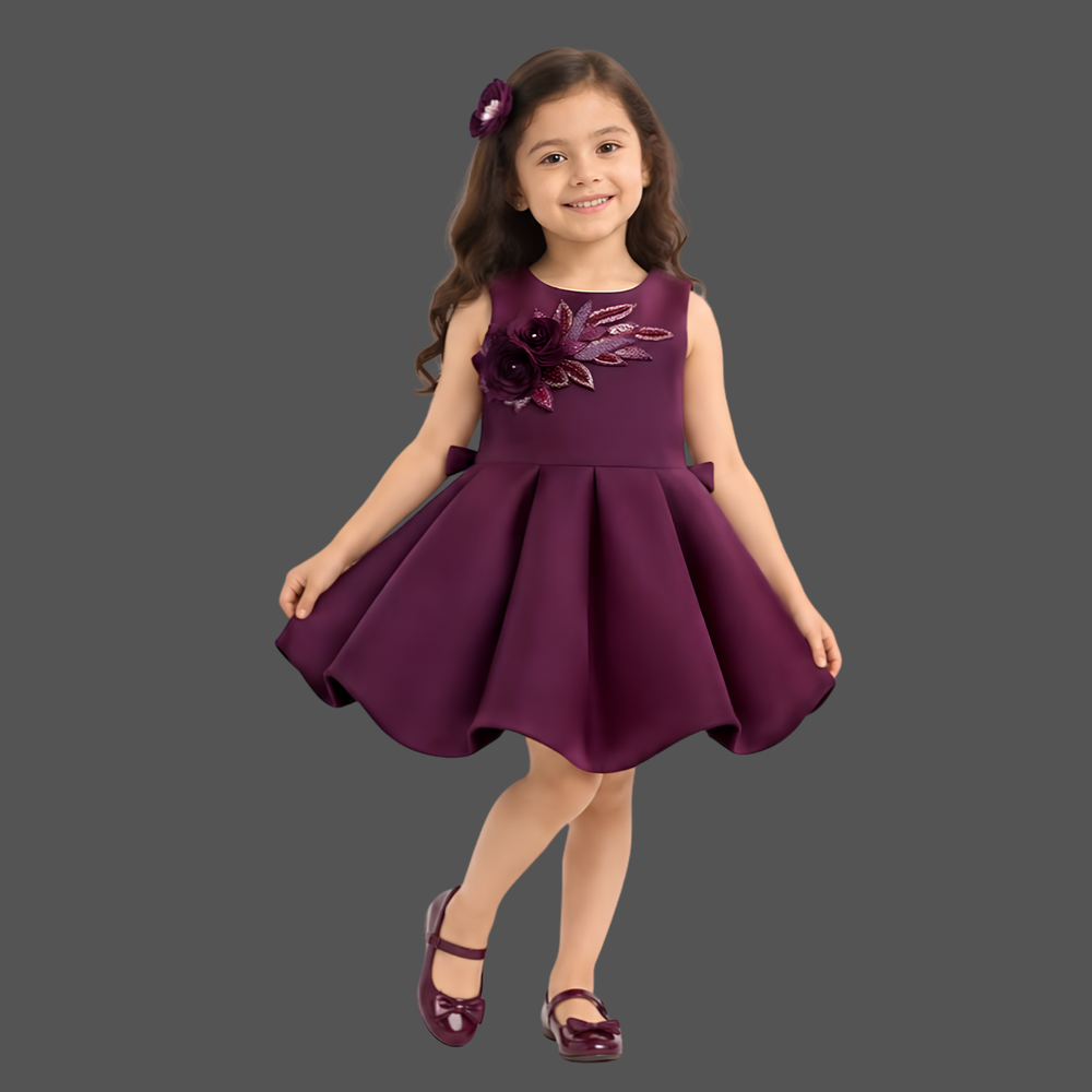 Coffee Floral Embellished Party Wear Frock For Girls