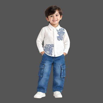 Boys Printed Casual Shirt with Denim Pant Set