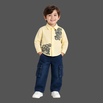Boys Printed Casual Shirt with Denim Pant Set