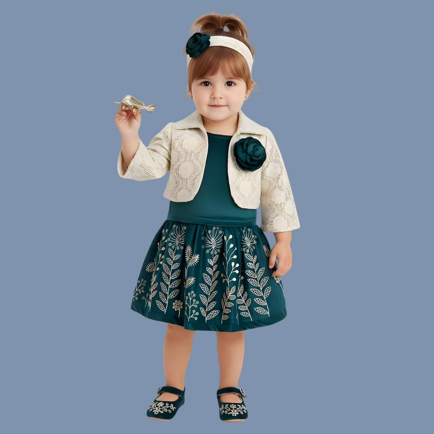 Teal Pleated Skirt Set with Cream Crochet Jacket For Girls