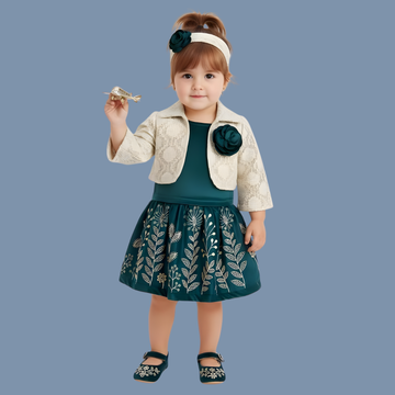 Teal Pleated Skirt Set with Cream Crochet Jacket For Girls